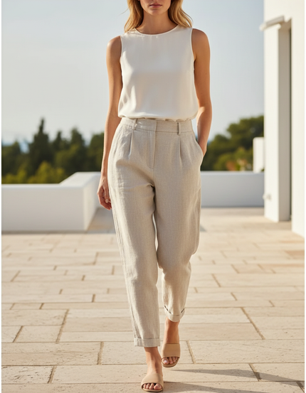 Pantalon En Lin Beige Taille Haute Plissé Décontracté