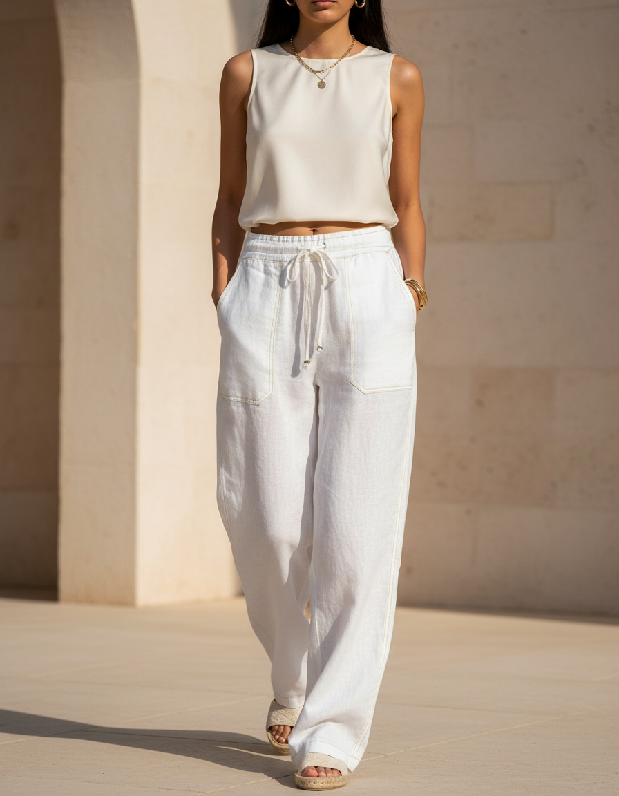Pantalon En Lin Blanc Ample Confortable Taille Élastique