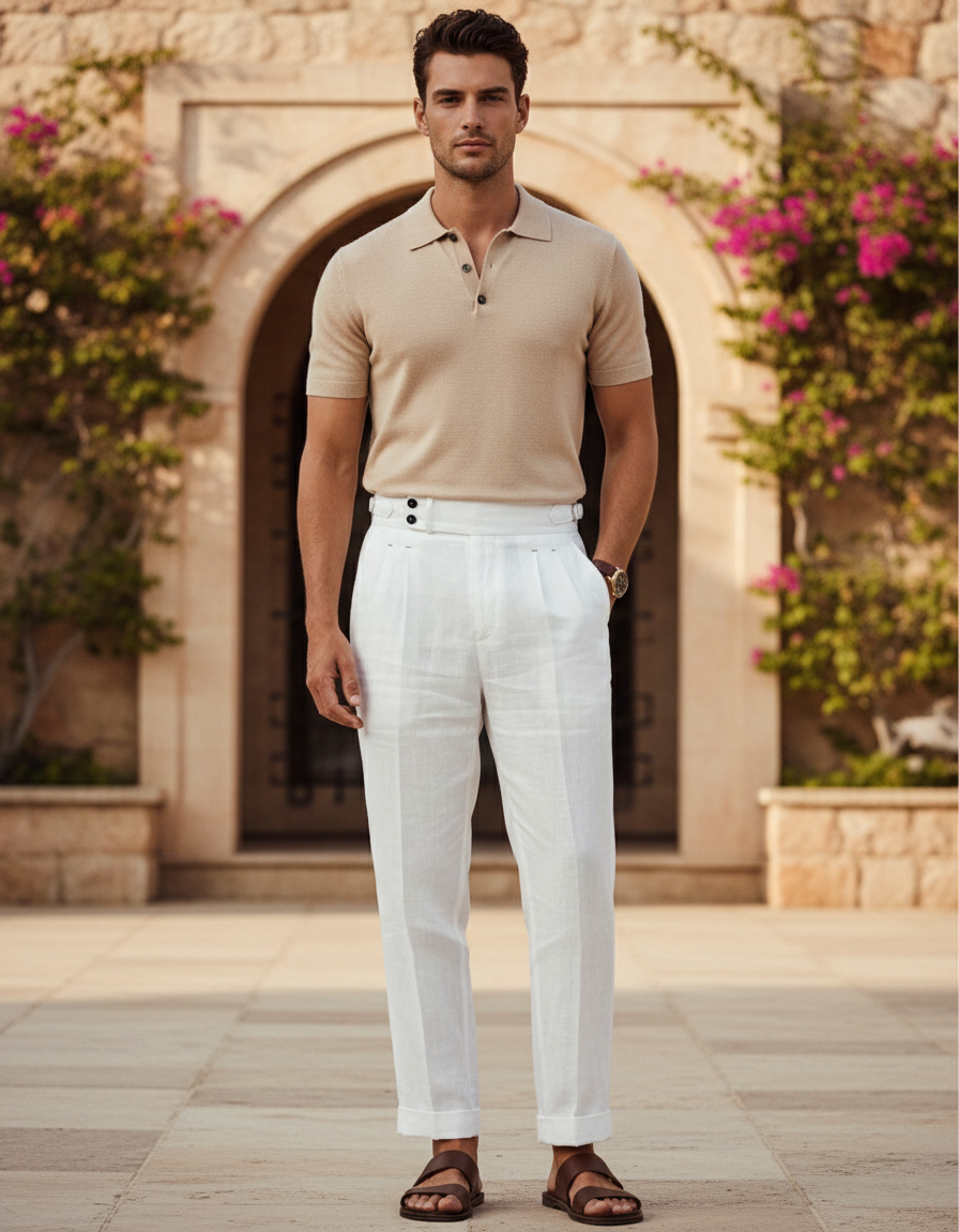 Pantalon En Lin Blanc Taille Haute Droit Élégant Homme