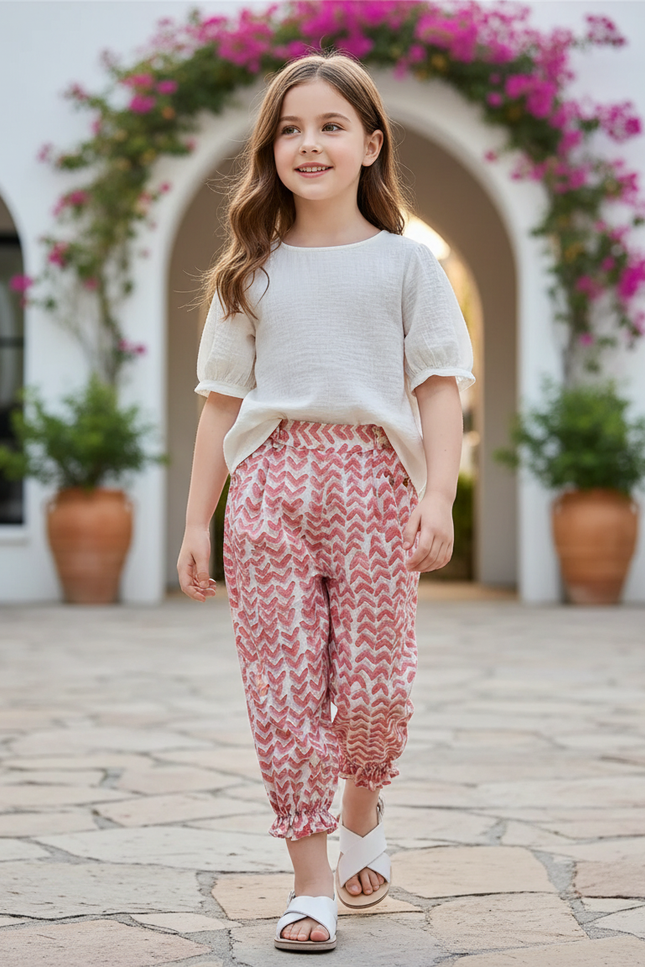 Pantalon En Lin Imprimé Chevrons Rose Fluide Fille