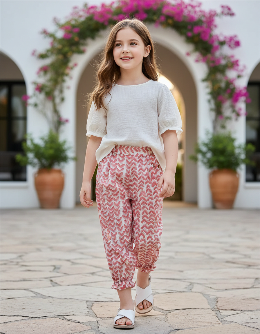 Pantalon En Lin Imprimé Chevrons Rose Fluide Fille