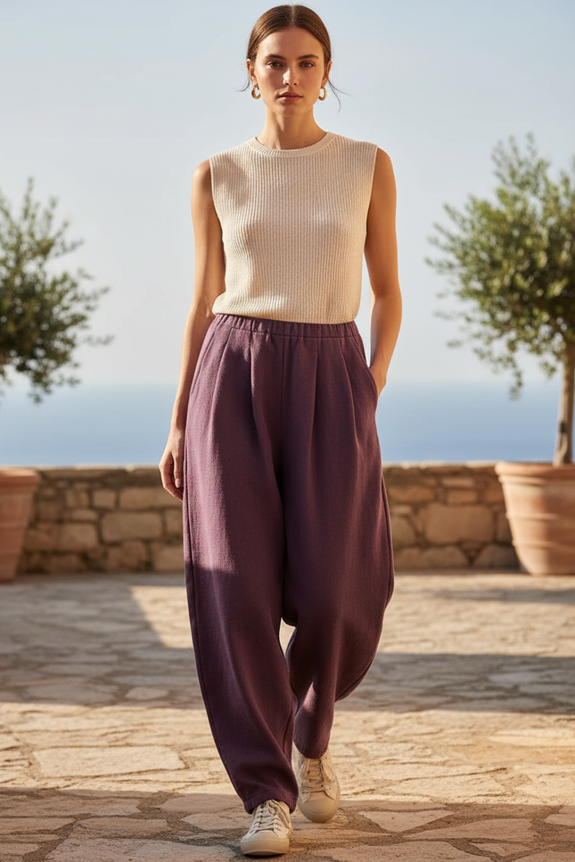 Pantalon En Lin Violet Ample Taille Élastique Femme