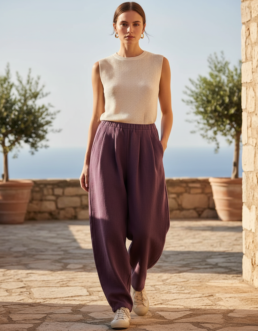 Pantalon En Lin Violet Ample Taille Élastique Femme