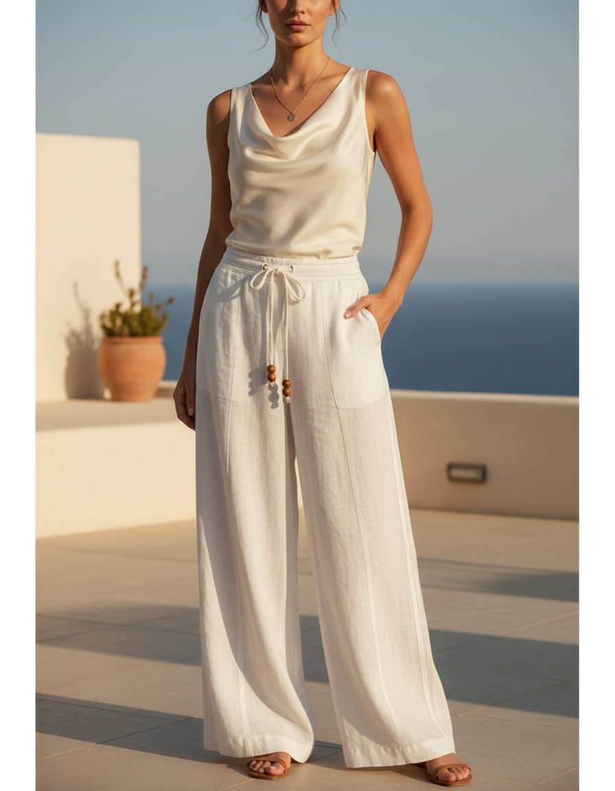 Pantalon En Lin Blanc Ample Décontracté Fluide Chic