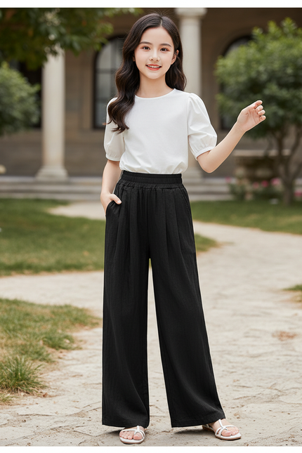 Pantalon En Lin Noir Ample Décontracté Fluide Enfant