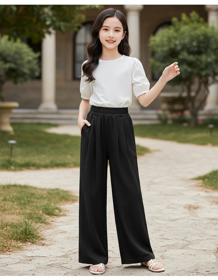 Pantalon En Lin Noir Ample Décontracté Fluide Enfant