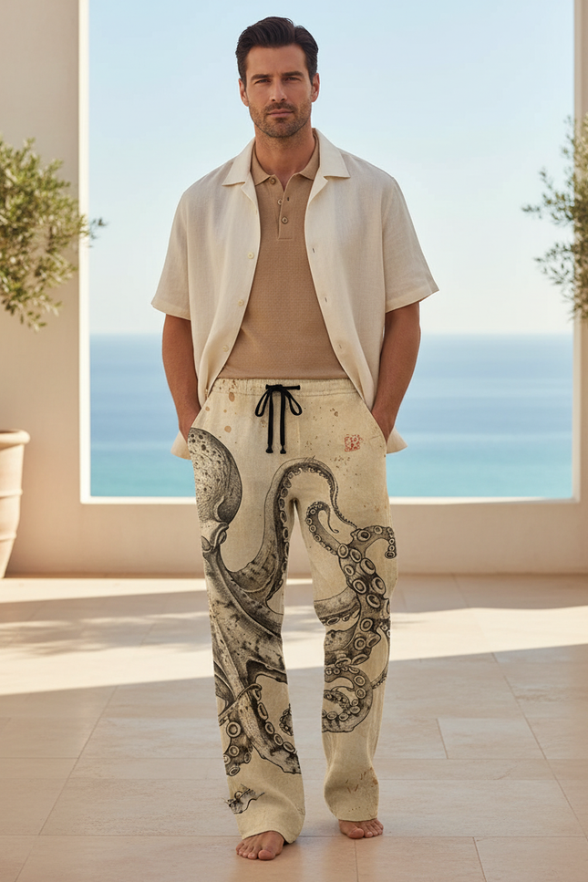 Pantalon En Lin Beige Motif Pieuvre Ample Respirant