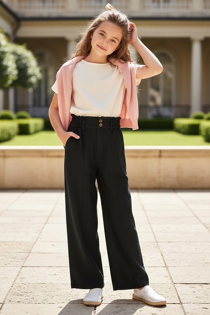 Pantalon En Lin Noir Ample Élastique Taille Haute Fille