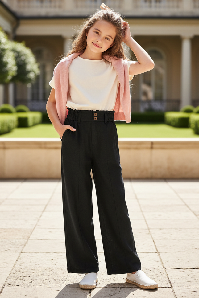 Pantalon En Lin Noir Ample Élastique Taille Haute Fille