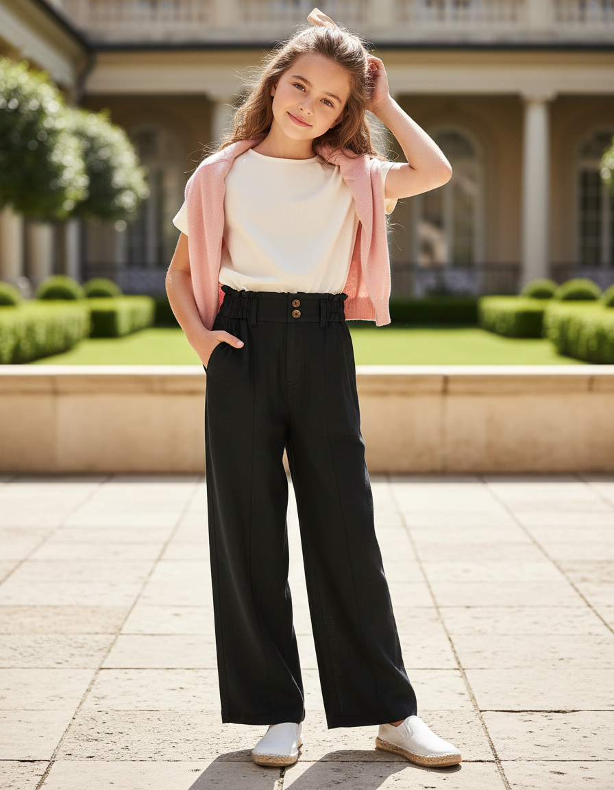 Pantalon En Lin Noir Ample Élastique Taille Haute Fille