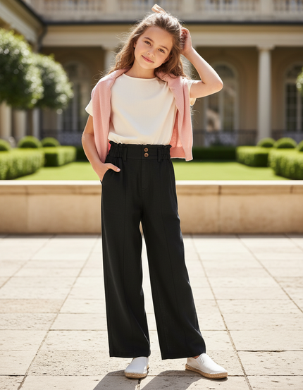 Pantalon En Lin Noir Ample Élastique Taille Haute Fille
