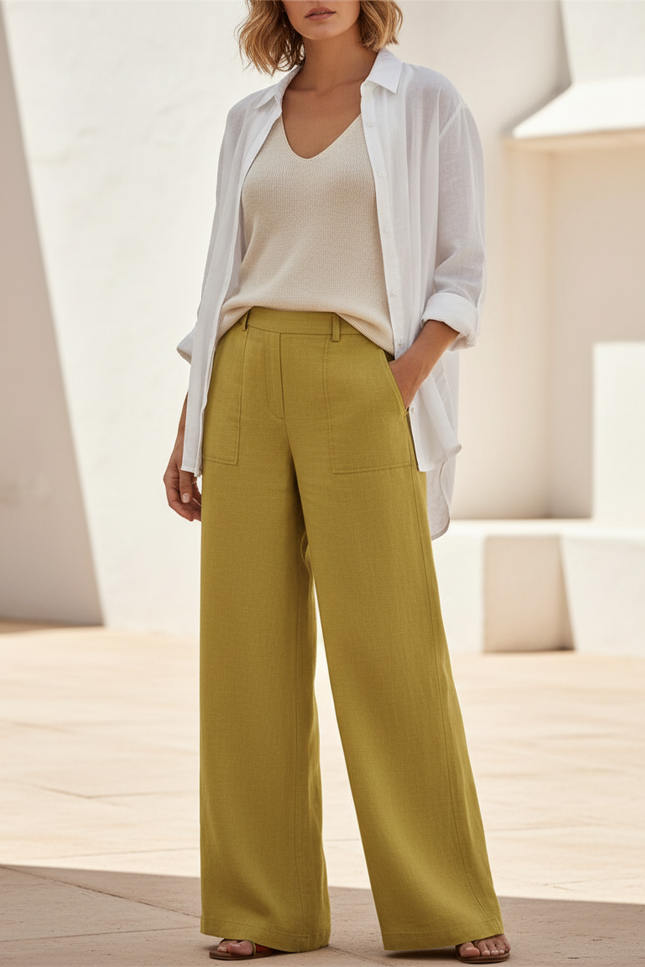 Pantalon En Lin Ample Vert Olive Poches Plaquées