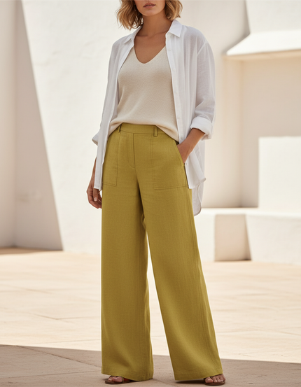 Pantalon En Lin Ample Vert Olive Poches Plaquées