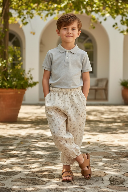 Pantalon En Lin Crème Ample Imprimé Floral Décontracté - Beige