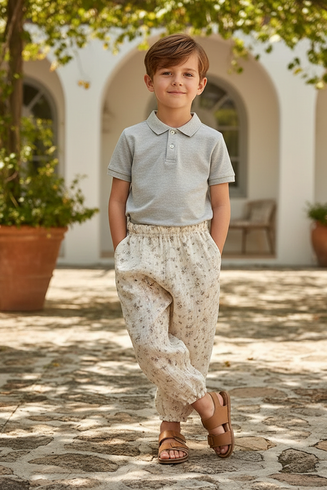 Pantalon En Lin Crème Ample Imprimé Floral Décontracté - Beige