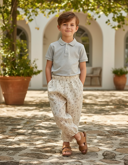 Pantalon En Lin Crème Ample Imprimé Floral Décontracté - Beige