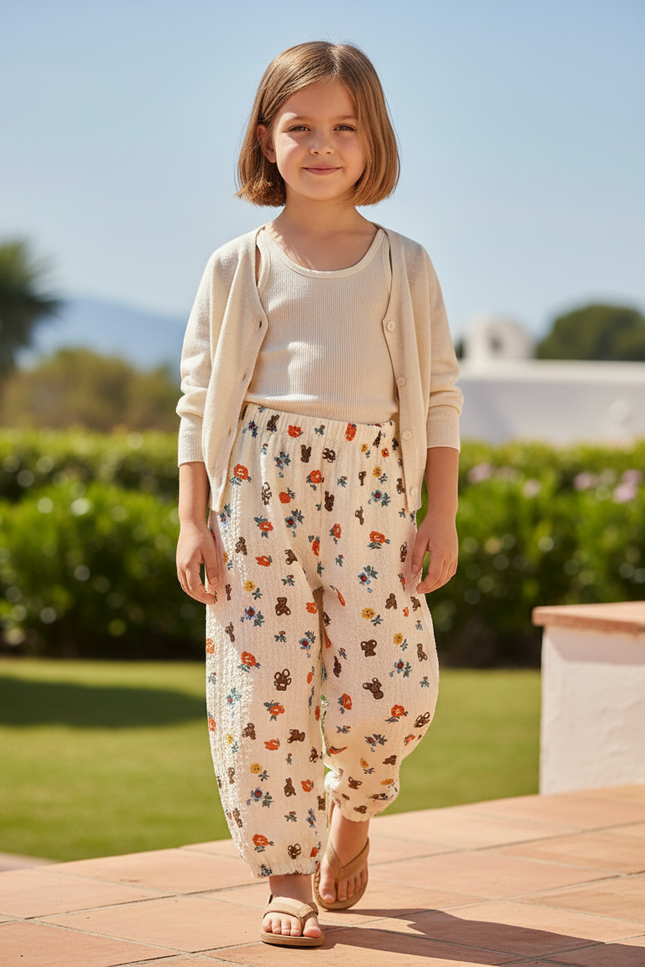 Pantalon En Lin Écru Imprimé Fleuri Ample Fille - Multicolore