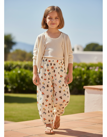Pantalon En Lin Écru Imprimé Fleuri Ample Fille - Multicolore