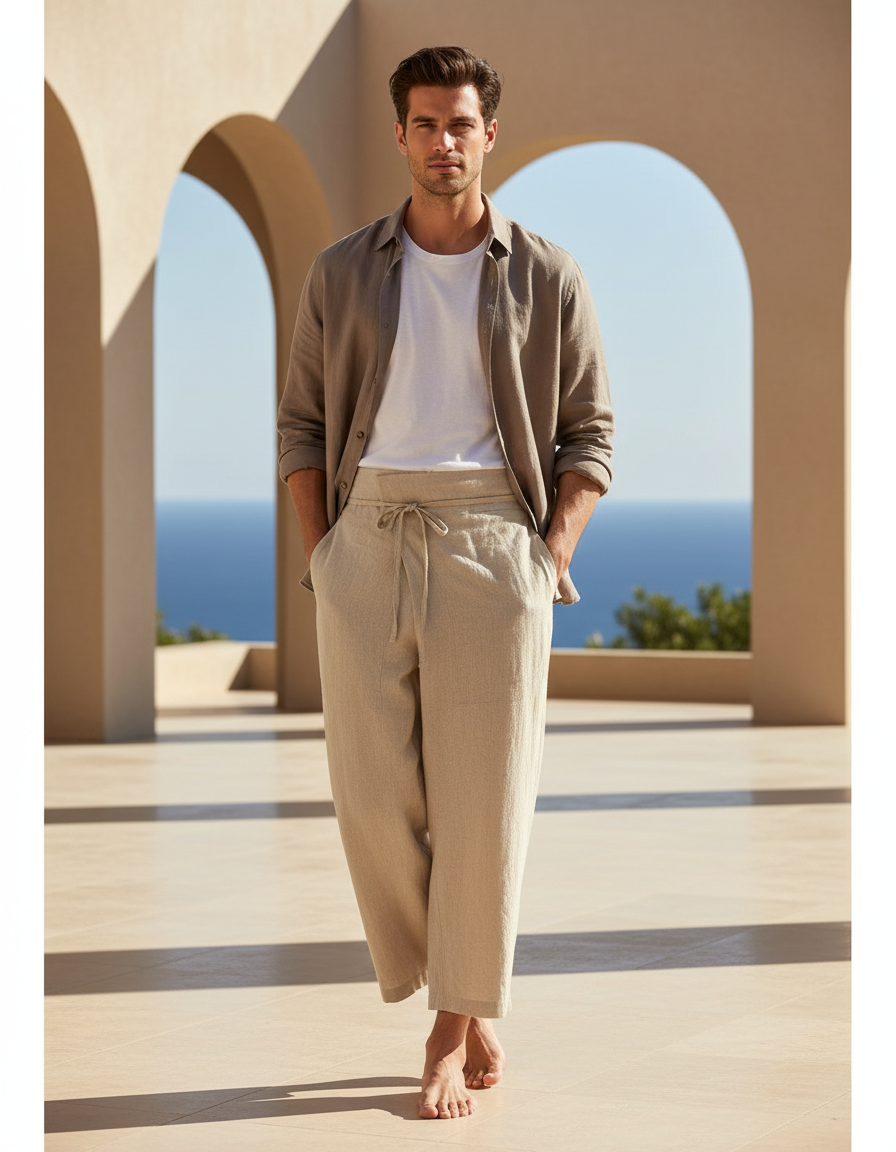 Pantalon En Lin Beige Ample Coton Décontracté Homme