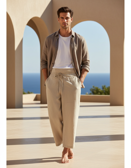 Pantalon En Lin Beige Ample Coton Décontracté Homme