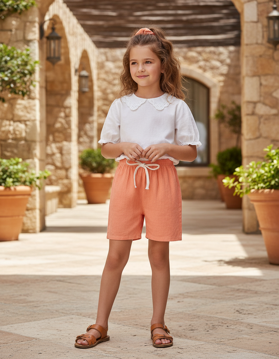 Pantalon En Lin Orange Court Décontracté Cordon Enfant