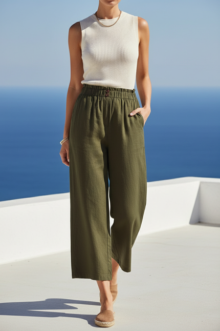Pantalon En Lin Vert Ample Taille Haute Casual - Kaki