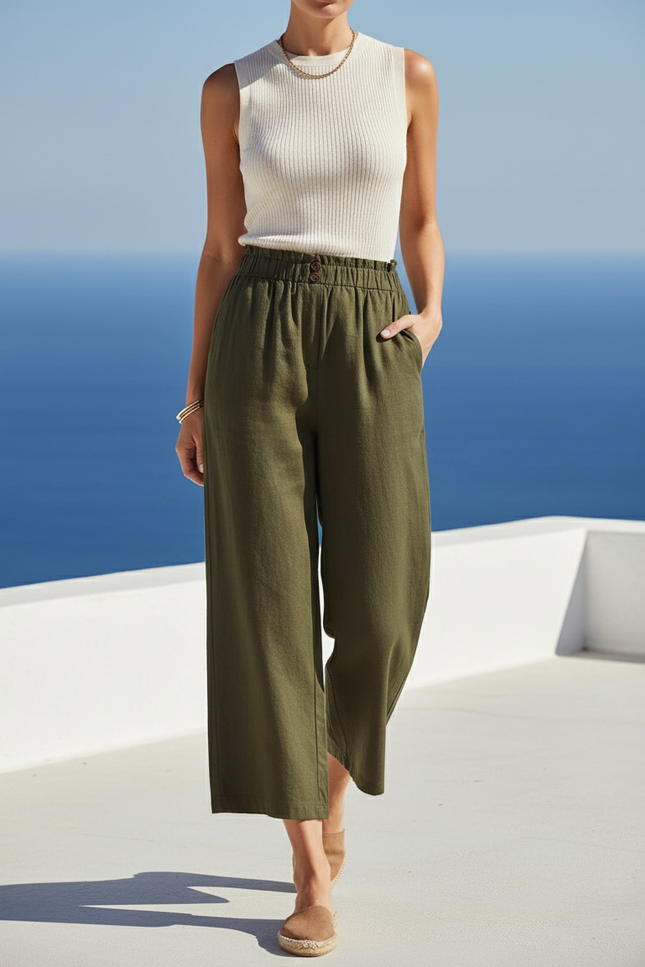 Pantalon En Lin Vert Ample Taille Haute Casual - Kaki