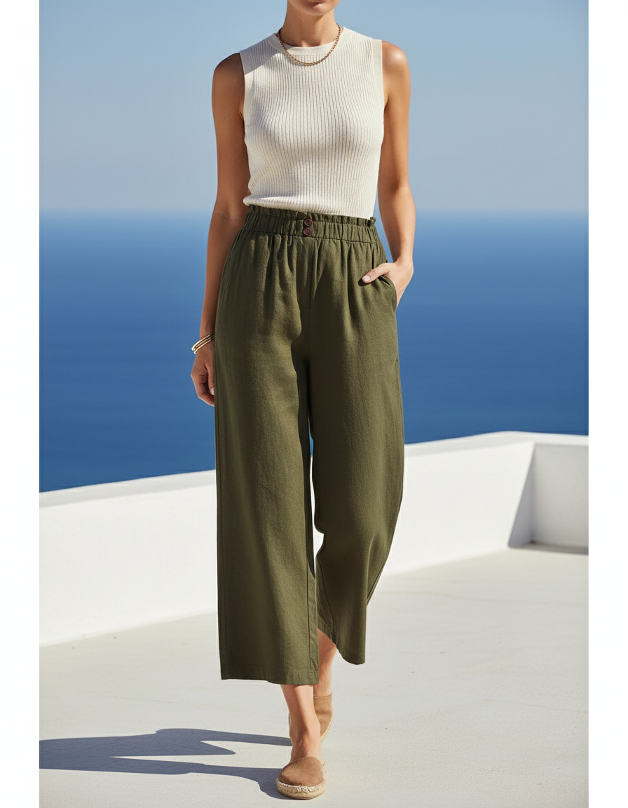 Pantalon En Lin Vert Ample Taille Haute Casual - Kaki