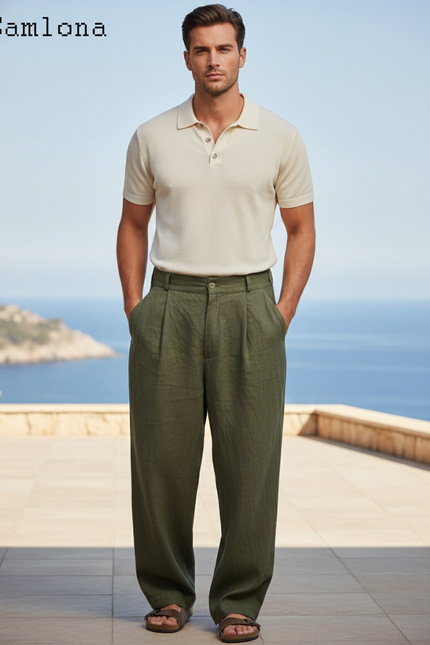 Pantalon En Lin Vert Militaire Ample Plissé Décontracté Homme - Kaki