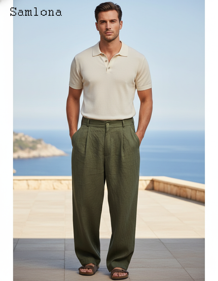 Pantalon En Lin Vert Militaire Ample Plissé Décontracté Homme - Kaki