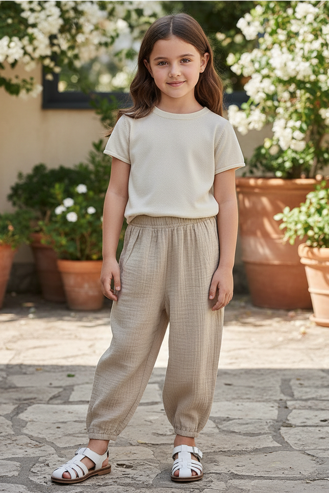 Pantalon En Lin Beige Ample Enfant Décontracté Léger