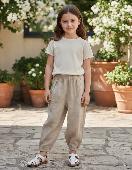 Pantalon En Lin Beige Ample Enfant Décontracté Léger