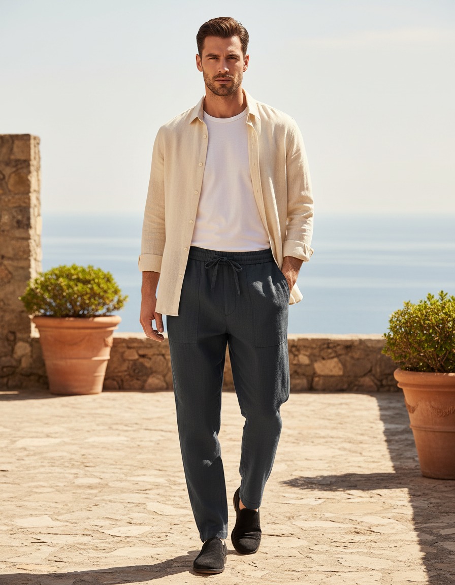 Pantalon Droit En Lin - Marine