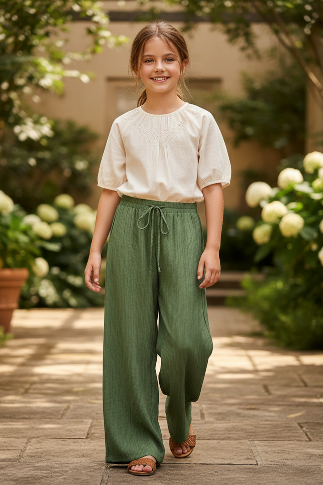 Pantalon En Lin Vert Ample Fluide Cordon Décontracté