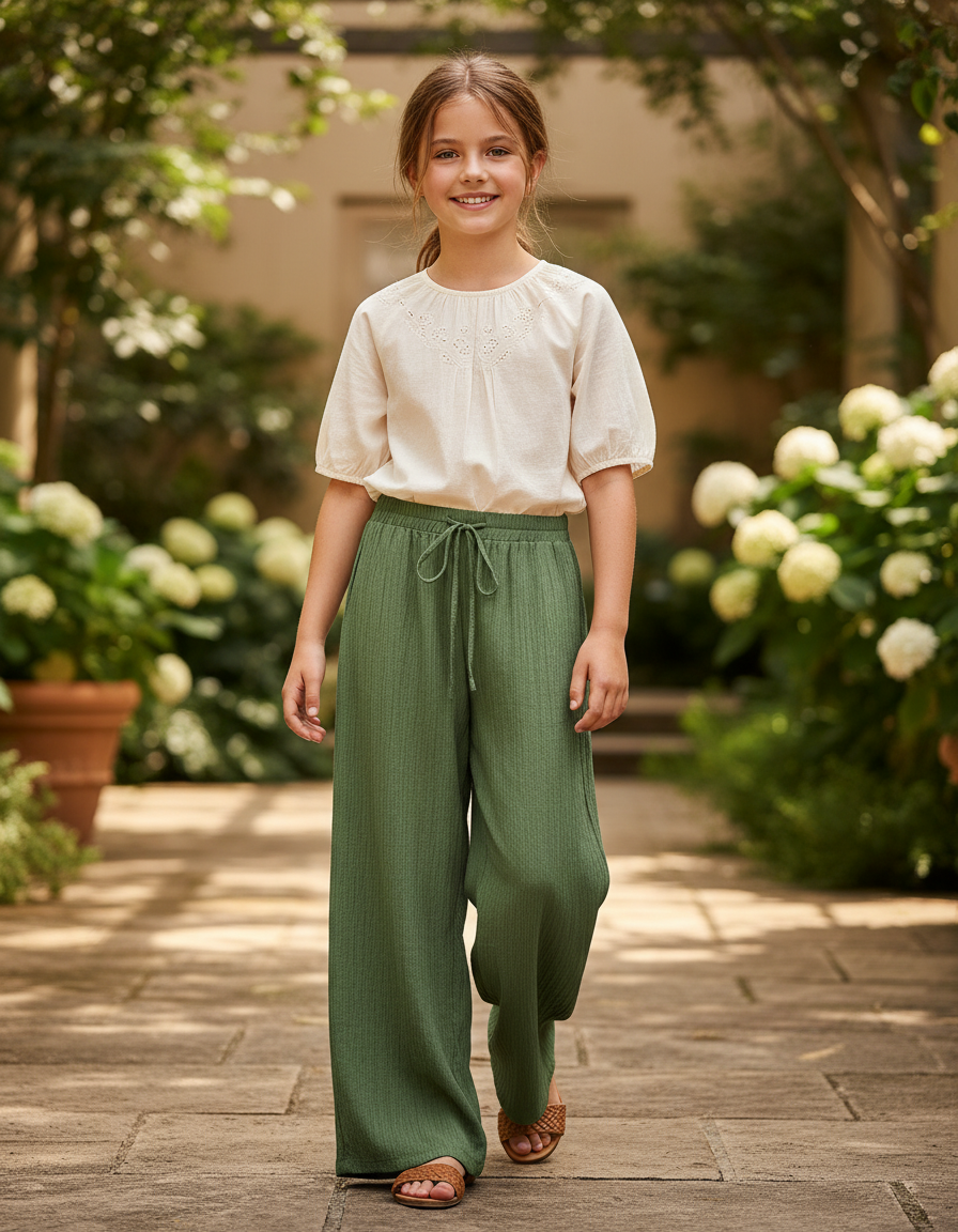 Pantalon En Lin Vert Ample Fluide Cordon Décontracté
