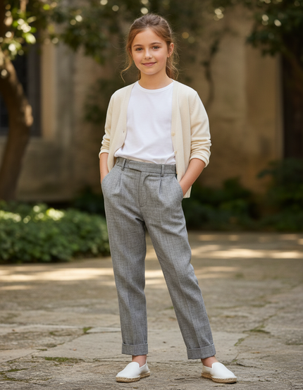 Pantalon En Lin Gris Plissé Droit Enfant