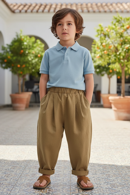 Pantalon En Lin Plissé Ample Kaki Enfant