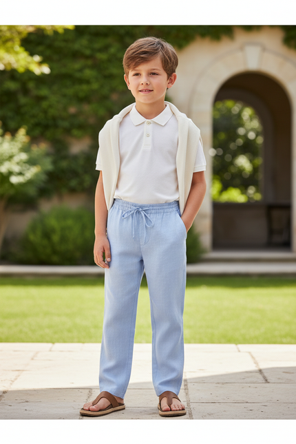 Pantalon En Lin Bleu Ciel Garçon Cordon Décontracté