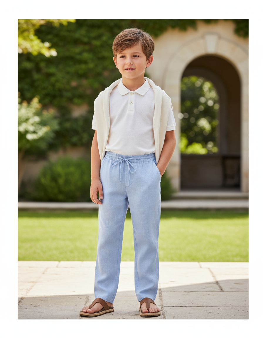 Pantalon En Lin Bleu Ciel Garçon Cordon Décontracté