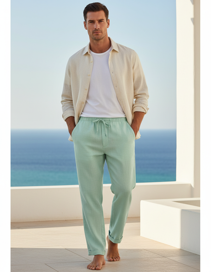 Pantalon En Lin Homme Vert Menthe Ample Léger Décontracté