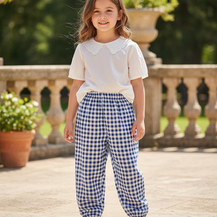 Pantalon En Lin Carreaux Bleus Ample Élastique Fille