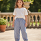Pantalon En Lin Carreaux Bleus Ample Élastique Fille