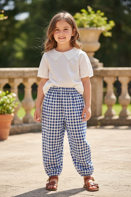 Pantalon En Lin Carreaux Bleus Ample Élastique Fille