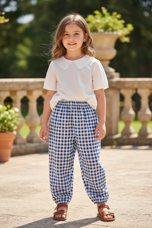 Pantalon En Lin Carreaux Bleus Ample Élastique Fille