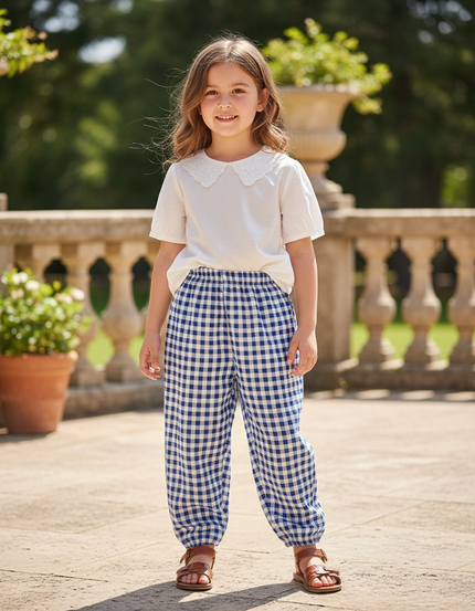 Pantalon En Lin Carreaux Bleus Ample Élastique Fille