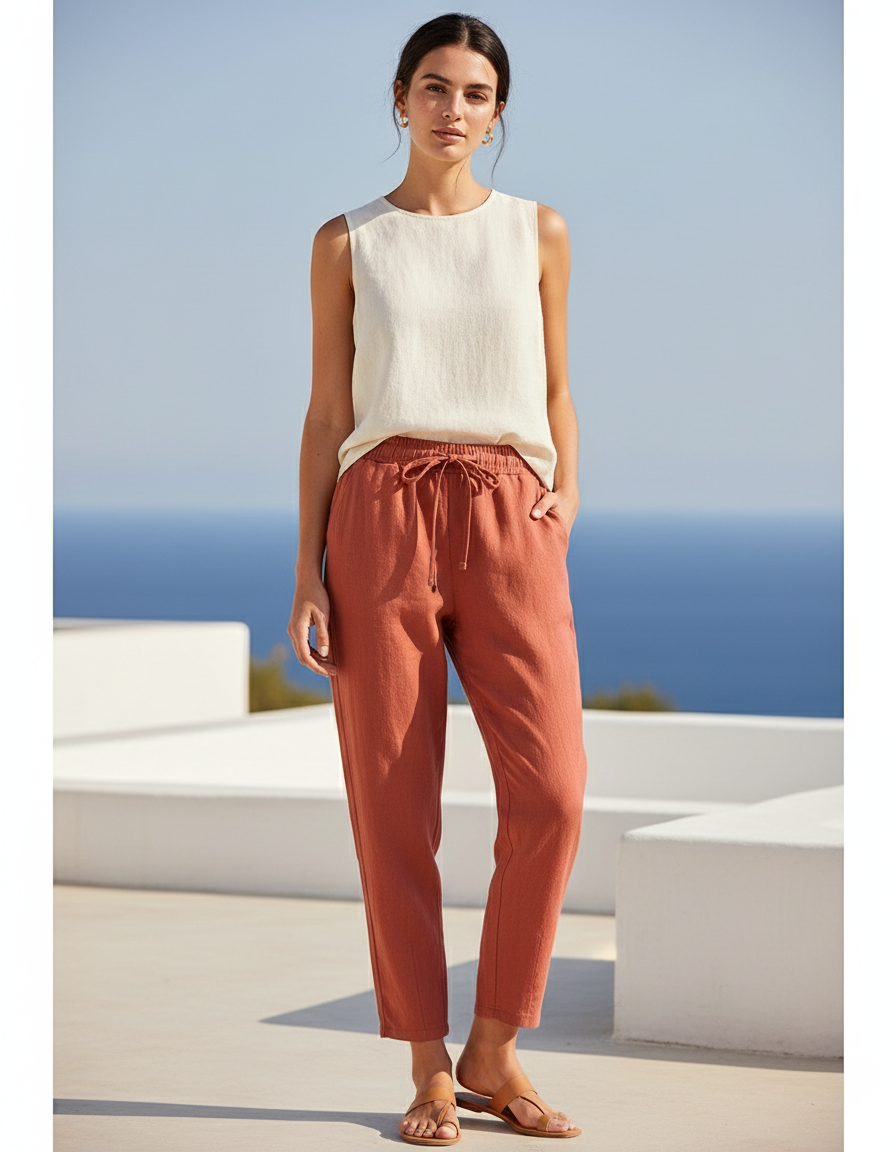 Pantalon En Lin Ample Cordon Taille Élastique Confortable - Orange
