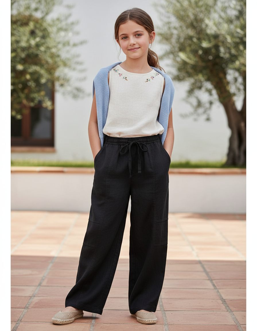Pantalon En Lin Noir Ample Fluide Fille