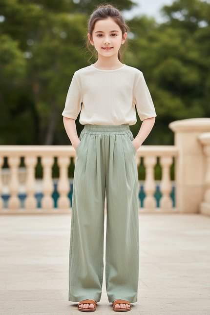 Pantalon En Lin Vert Ample Plissé Décontracté Fille