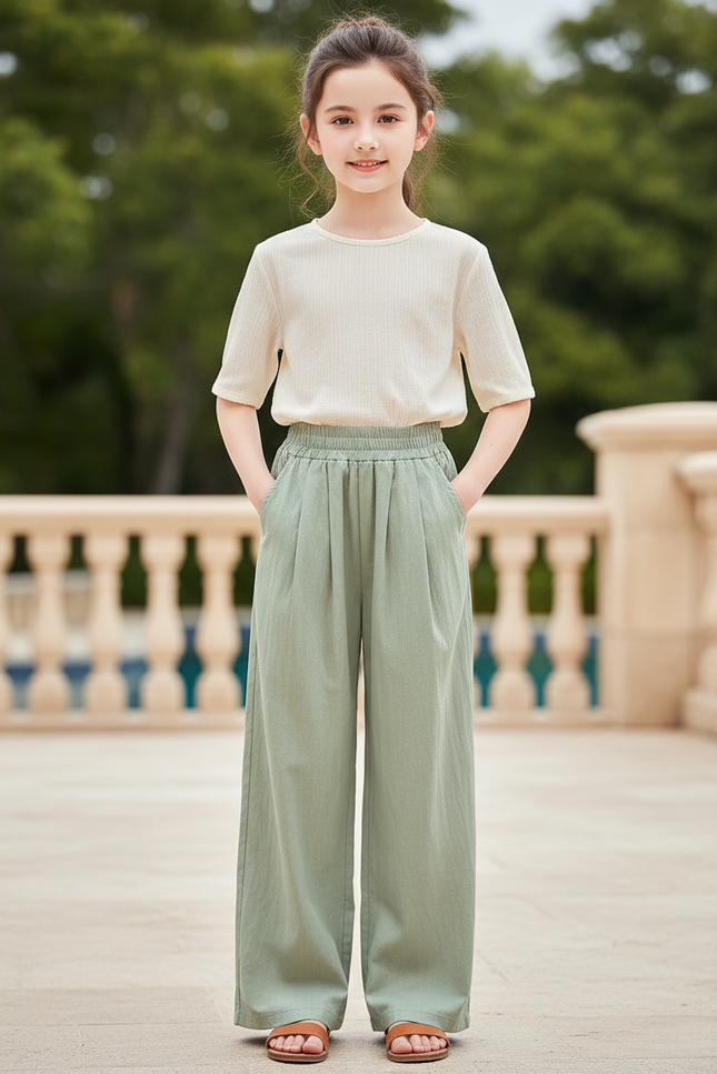 Pantalon En Lin Vert Ample Plissé Décontracté Fille