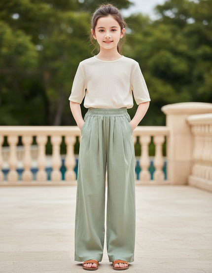 Pantalon En Lin Vert Ample Plissé Décontracté Fille